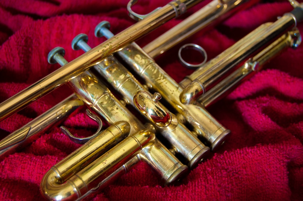 A brass instrument up close.