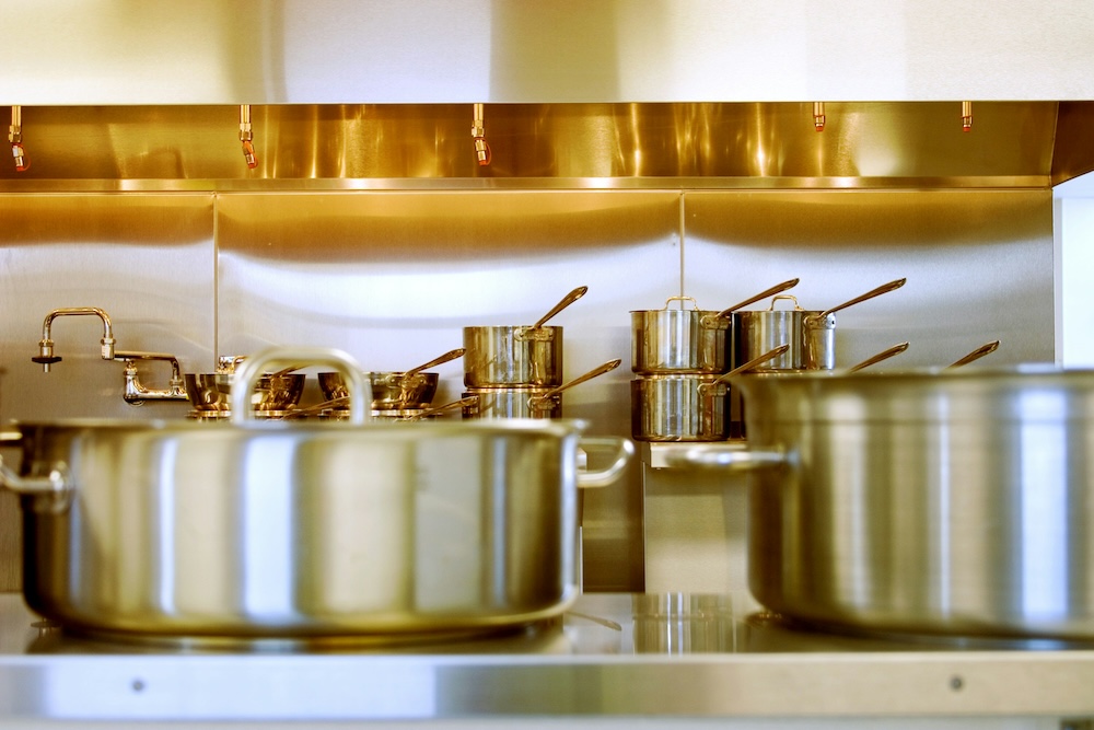 Stainless steel pots and pans.